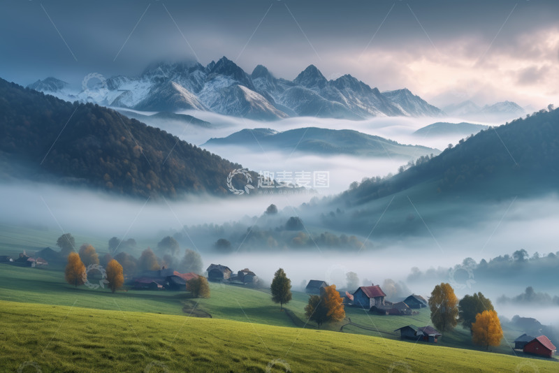 高清大图下载【趣麦麦图】山间晨雾中的村庄与山峦