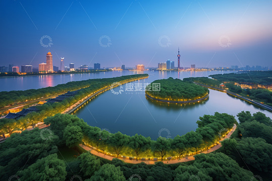 城市湖泊与周边建筑夜景