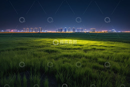 夜晚城市边缘的绿色田野景观