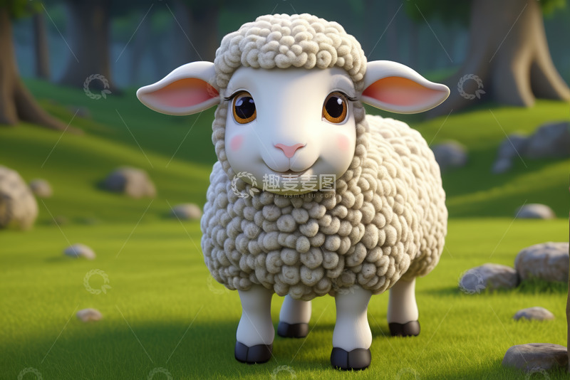 高清大图下载【趣麦麦图】卡通绵羊站在草地森林前