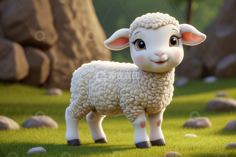 高清大图下载【趣麦麦图】可爱卡通绵羊站立在草地