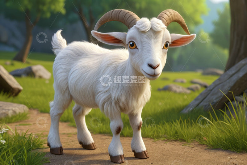 高清大图下载【趣麦麦图】草地中的白色山羊