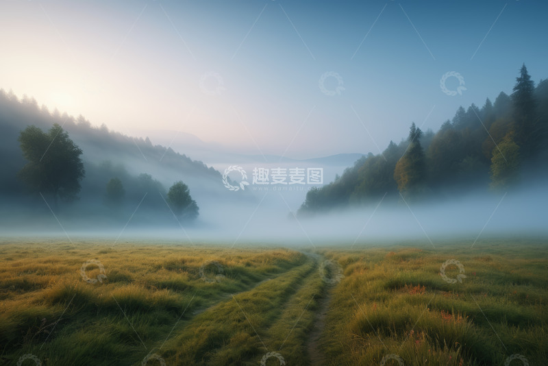 高清大图下载【趣麦麦图】晨雾弥漫的森林草地风景