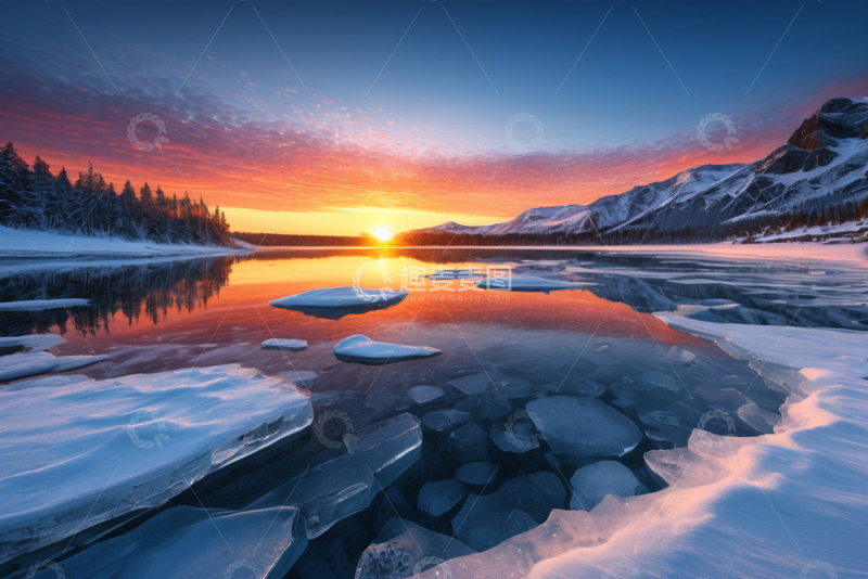高清大图下载【趣麦麦图】冬日湖面日出自然风光