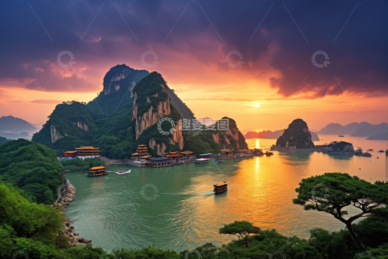 高清大图下载【趣麦麦图】山水间日落美景