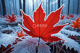 覆霜红枫叶与森林背景