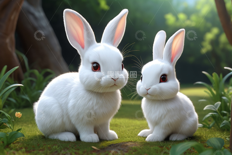 高清大图下载【趣麦麦图】户外草地上的两只白兔