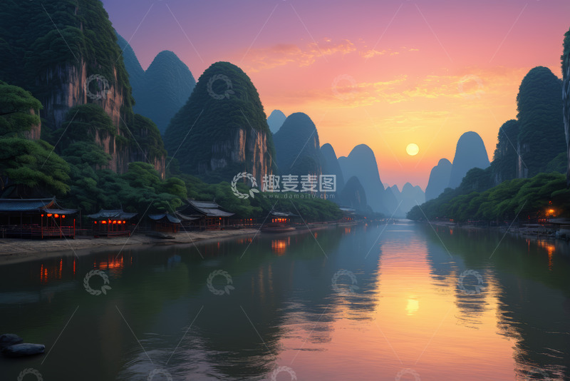 高清大图下载【趣麦麦图】漓江山水夕阳景色