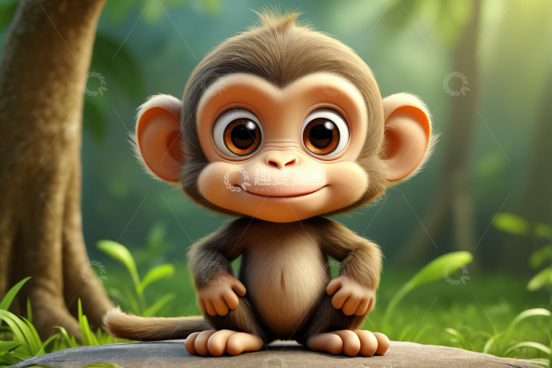 高清大图下载【趣麦麦图】可爱卡通小猴子坐于林间