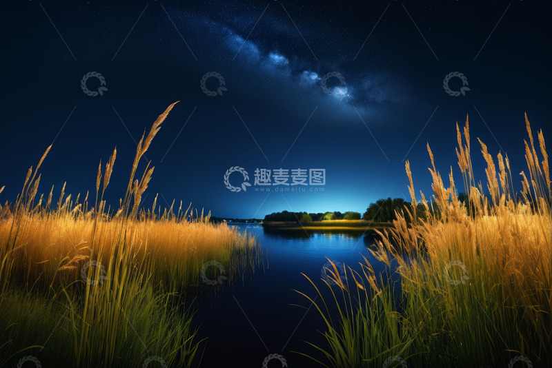 高清大图下载【趣麦麦图】湖畔星空下的芦苇夜景