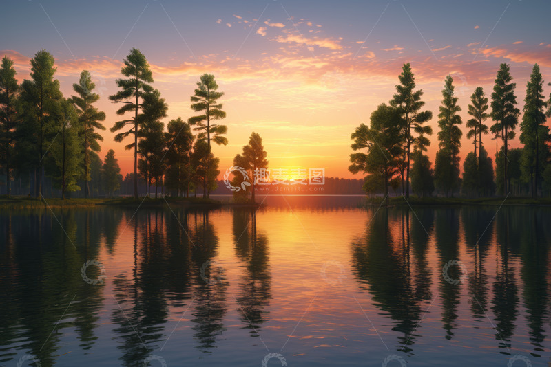 高清大图下载【趣麦麦图】湖畔森林日落自然风光