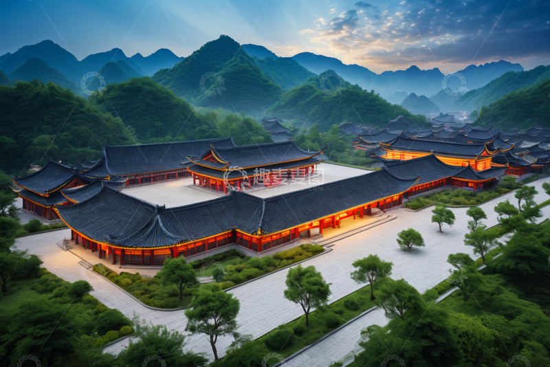 高清大图下载【趣麦麦图】中式古建筑群与山景航拍