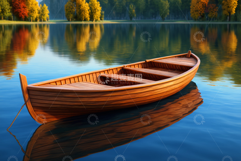高清大图下载【趣麦麦图】湖面木船与秋日树林景观