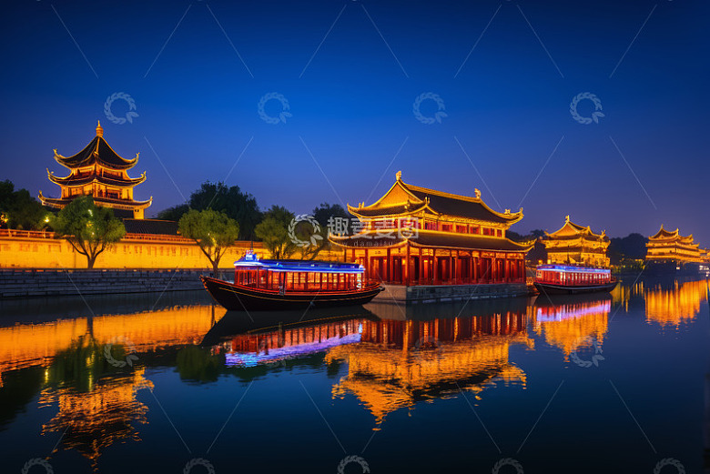 中式古建筑夜景河畔游船景象