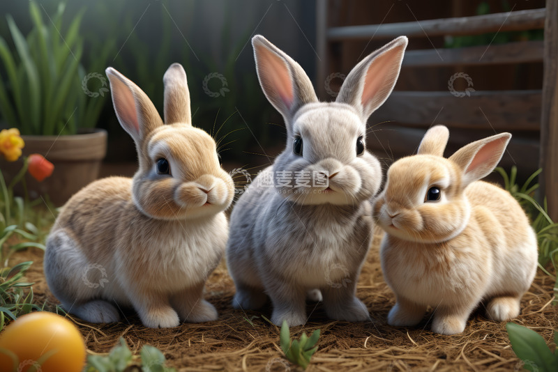 高清大图下载【趣麦麦图】三只可爱兔子合影