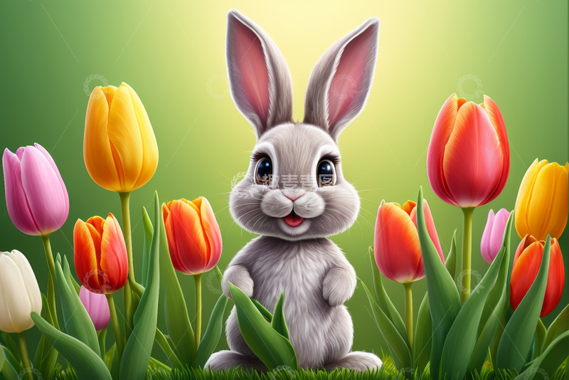 高清大图下载【趣麦麦图】卡通兔子与多彩郁金香画面