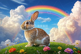 草地上的兔子与彩虹景观