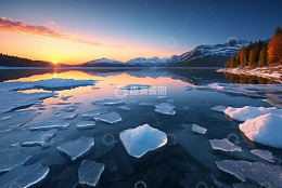 湖面浮冰与雪山日落景观