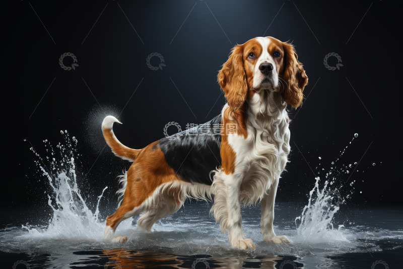 高清大图下载【趣麦麦图】站立在水中的三色猎犬