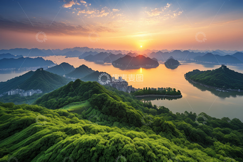 千岛湖山水日落全景