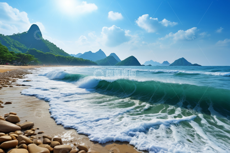 高清大图下载【趣麦麦图】海滩海浪与远山风景