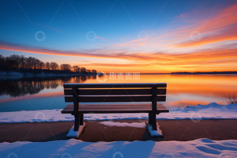 高清大图下载【趣麦麦图】冬日湖畔长椅与绚烂晚霞景色