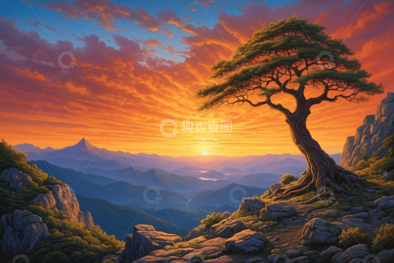 高清大图下载【趣麦麦图】山间日落时分的孤树景观