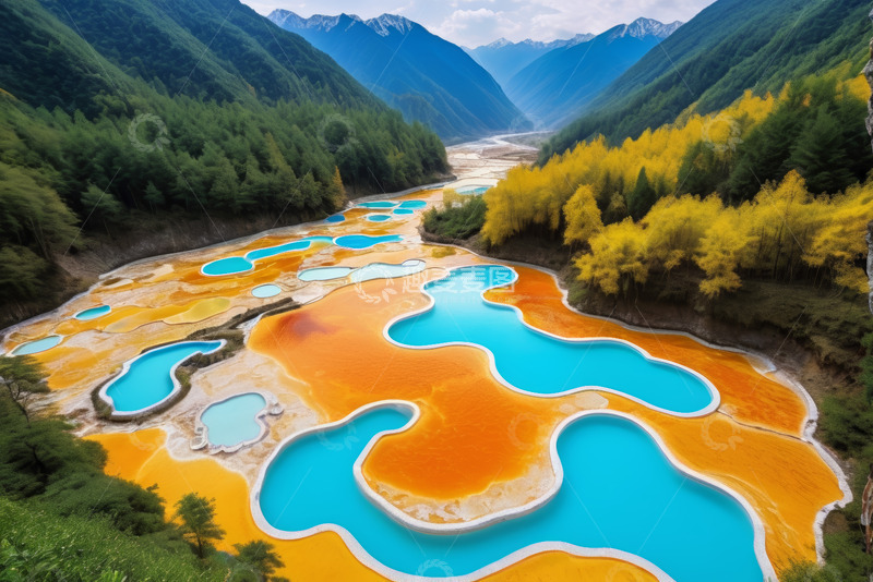 高清大图下载【趣麦麦图】山间五彩斑斓的自然水域景观