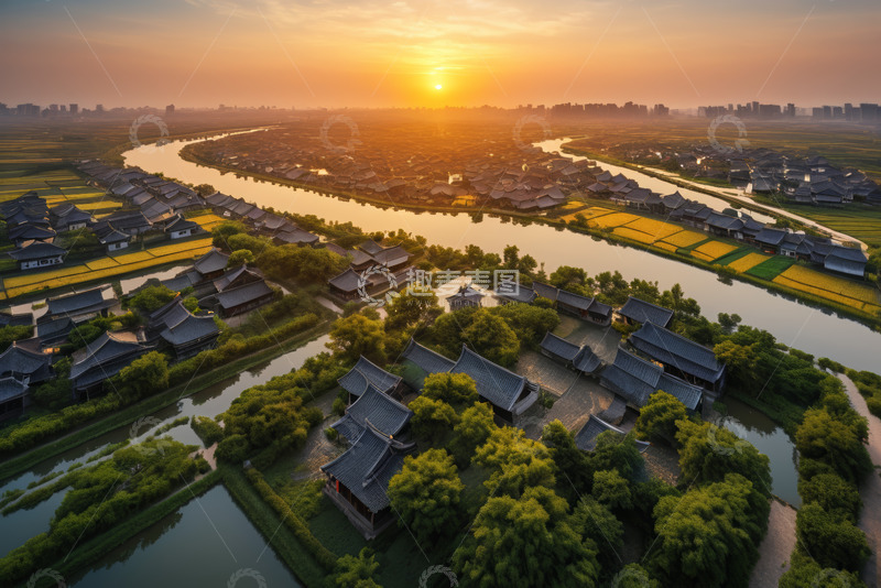 高清大图下载【趣麦麦图】古村落河畔日出全景