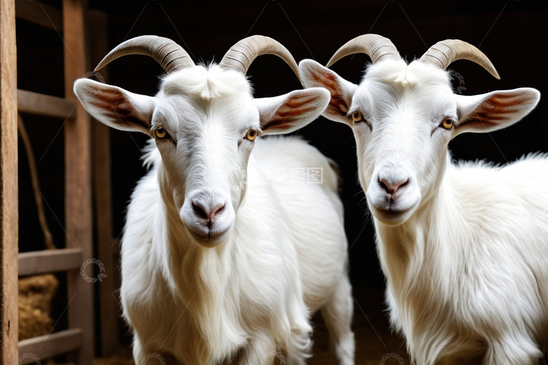 高清大图下载【趣麦麦图】棚内两只白色山羊特写