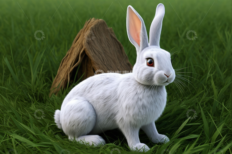 高清大图下载【趣麦麦图】草地上的白兔与树桩