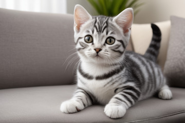 沙发上的灰色条纹小猫