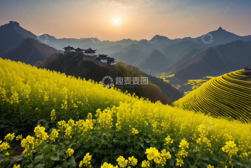 高清大图下载【趣麦麦图】山间油菜花田与古建筑景观