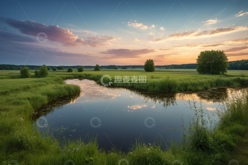 高清大图下载【趣麦麦图】田野间河流与黄昏天空景观