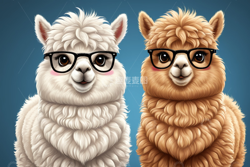 高清大图下载【趣麦麦图】戴眼镜的可爱羊驼插画
