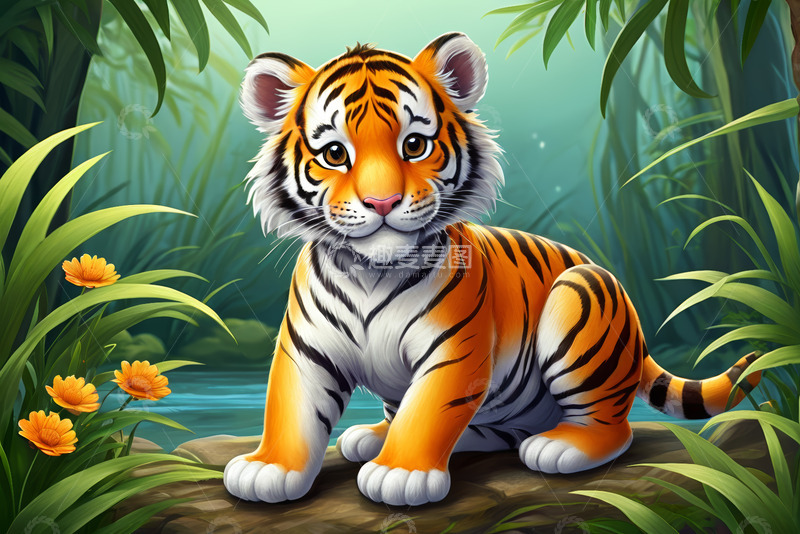 高清大图下载【趣麦麦图】可爱卡通小老虎丛林场景