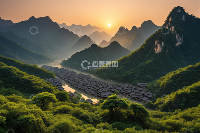 高清大图下载【趣麦麦图】山间村落日落全景