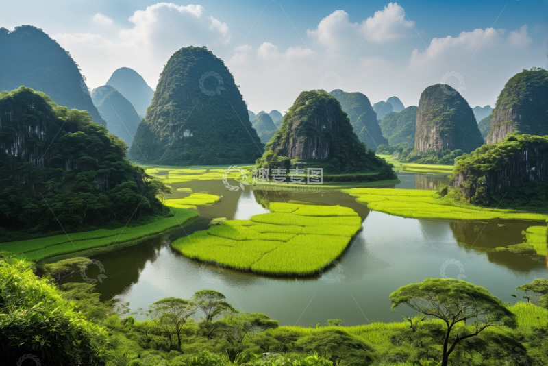 高清大图下载【趣麦麦图】山水环绕的田园风光