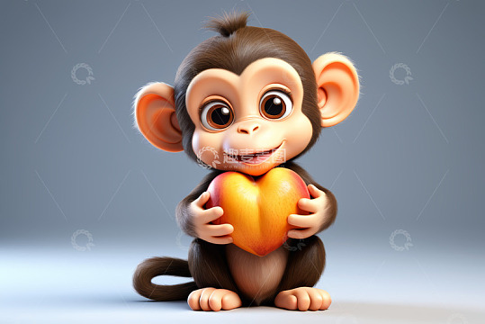 卡通猴子手持心形桃子