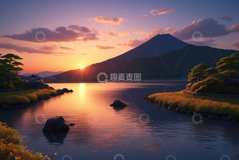 高清大图下载【趣麦麦图】湖畔日落自然风光
