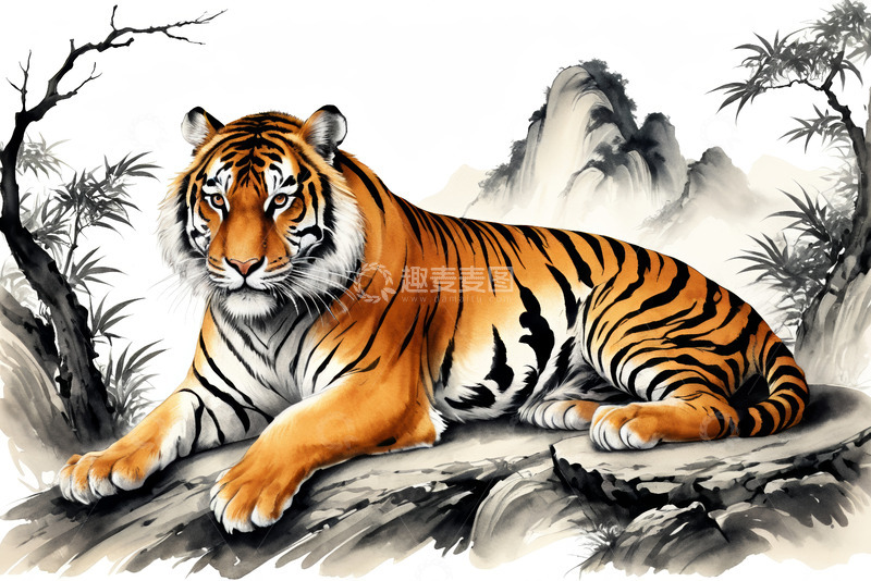 高清大图下载【趣麦麦图】中式风格卧姿老虎图像