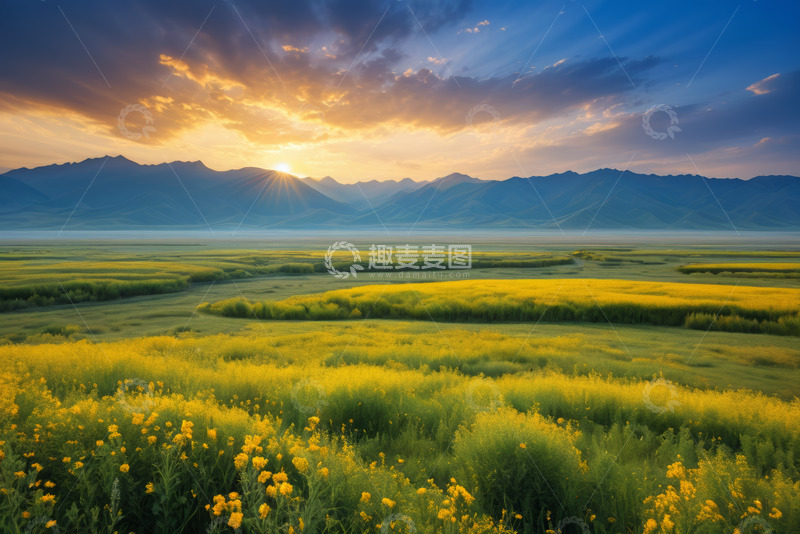 高清大图下载【趣麦麦图】日出时分的山间油菜花田