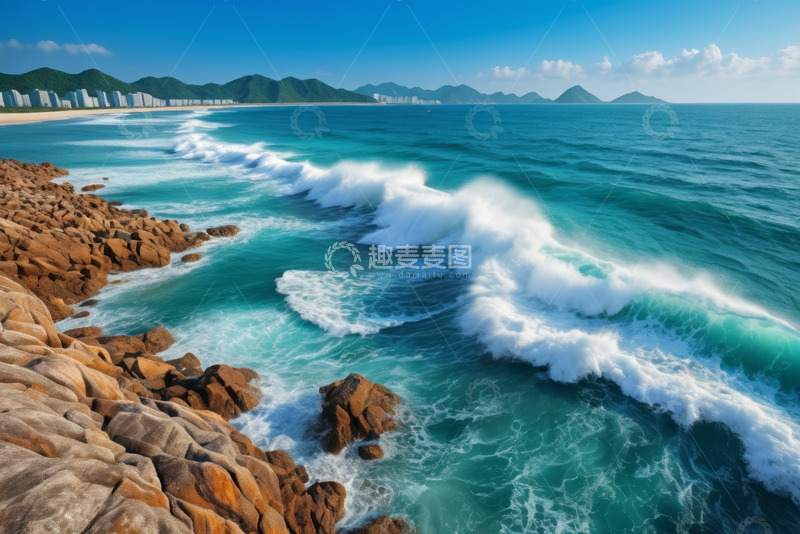 高清大图下载【趣麦麦图】海岸边海浪拍打礁石景观