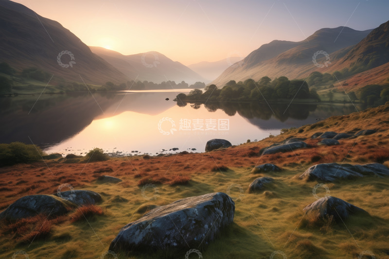 高清大图下载【趣麦麦图】山间湖泊日出自然风光