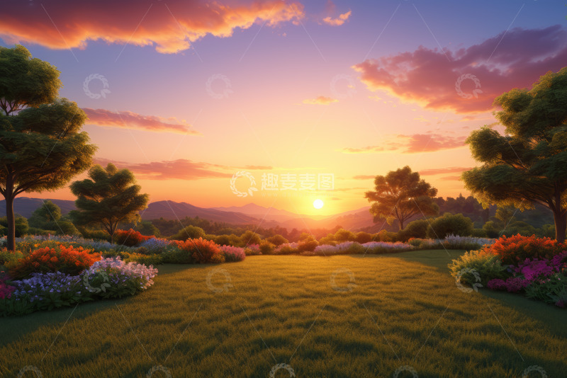 高清大图下载【趣麦麦图】日落时分的花草树木景观