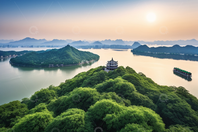 高清大图下载【趣麦麦图】千岛湖山水间的楼阁风景