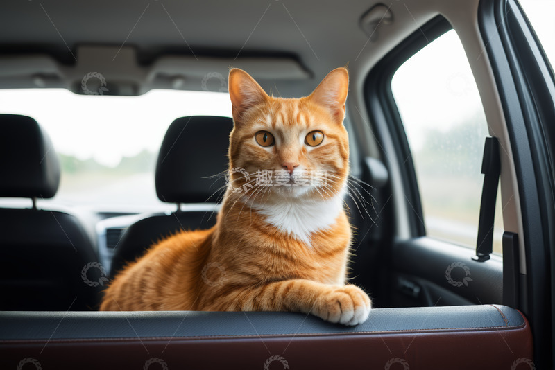 高清大图下载【趣麦麦图】车内橘猫安静趴坐