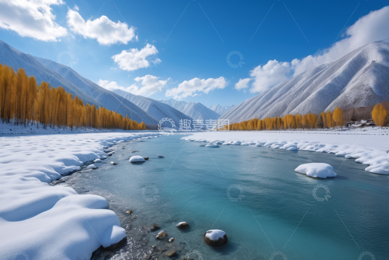 高清大图下载【趣麦麦图】雪山下河流旁的金黄树林风光