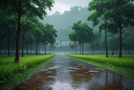 雨中森林小路自然风光