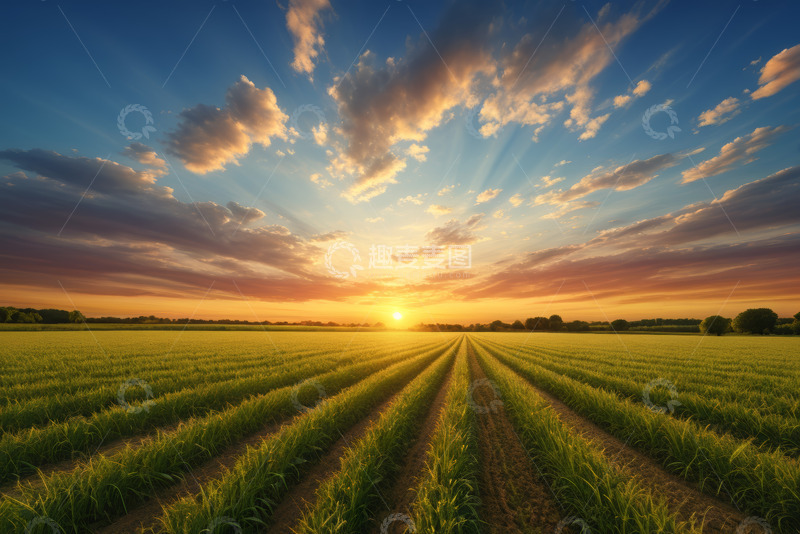 高清大图下载【趣麦麦图】夕阳下的广阔农田景观